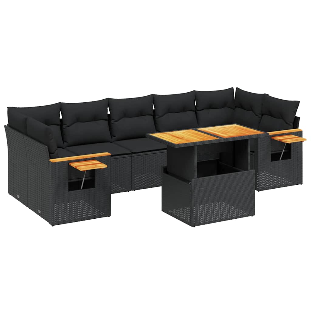 8 részes fekete polyrattan kerti ülőgarnitúra párnákkal