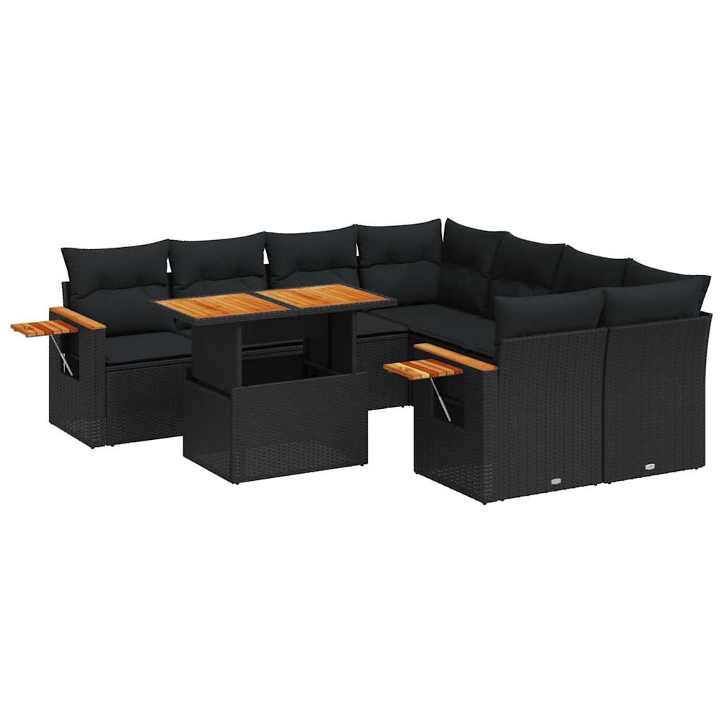 9 részes fekete polyrattan kerti ülőgarnitúra párnákkal