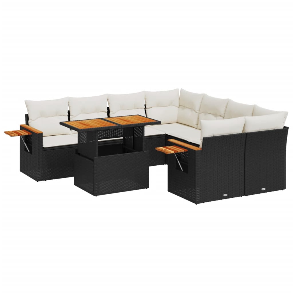 9 részes fekete polyrattan kerti ülőgarnitúra párnákkal