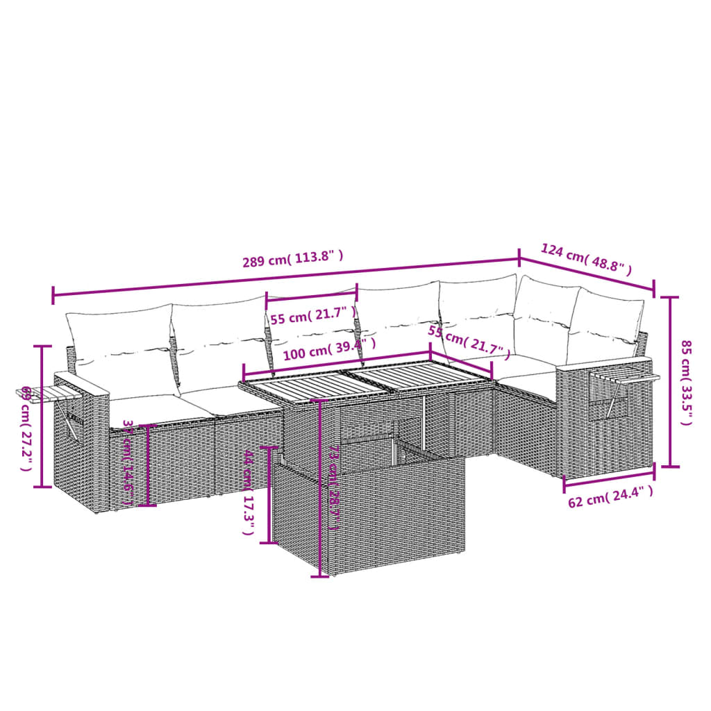 7 részes bézs polyrattan kerti ülőgarnitúra párnákkal