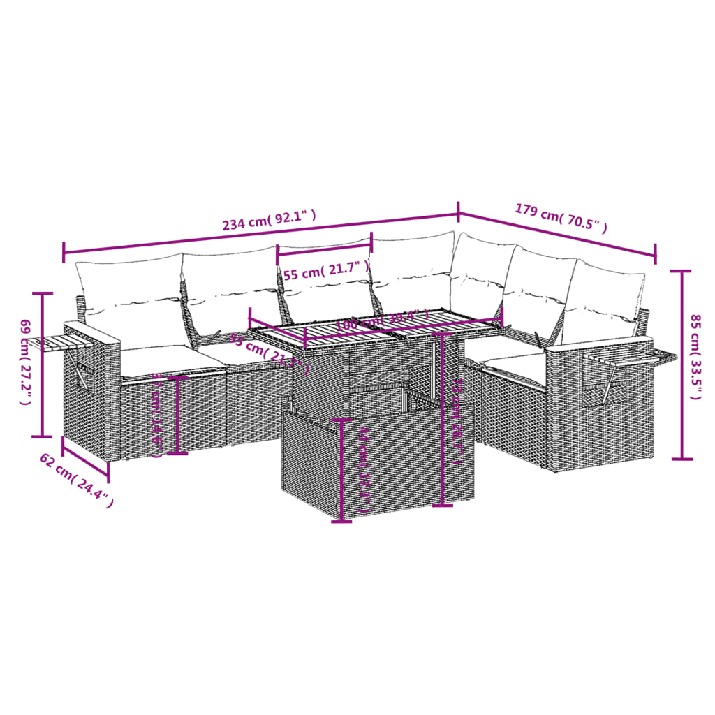 7 részes szürke polyrattan kerti ülőgarnitúra párnákkal