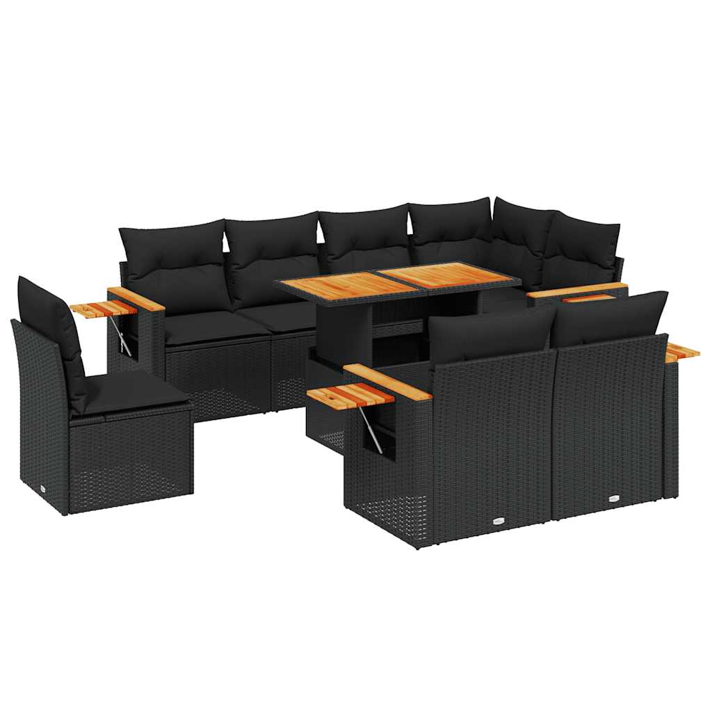 9 részes fekete polyrattan kerti ülőgarnitúra párnákkal