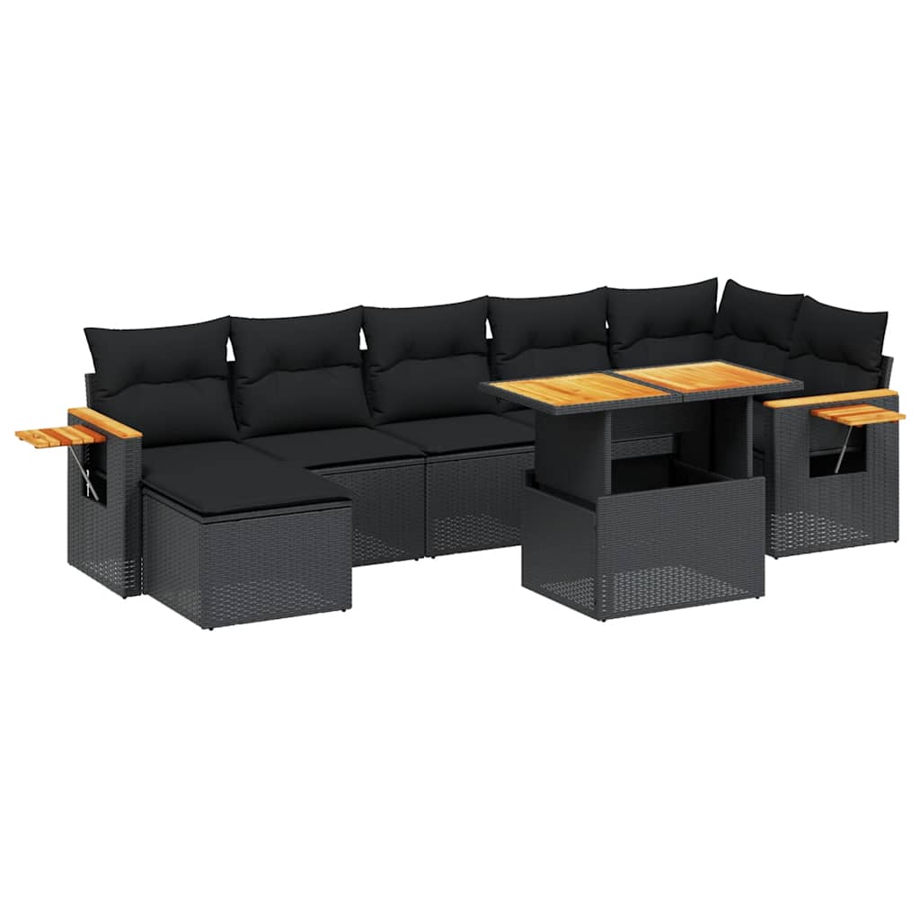 8 részes fekete polyrattan kerti ülőgarnitúra párnákkal