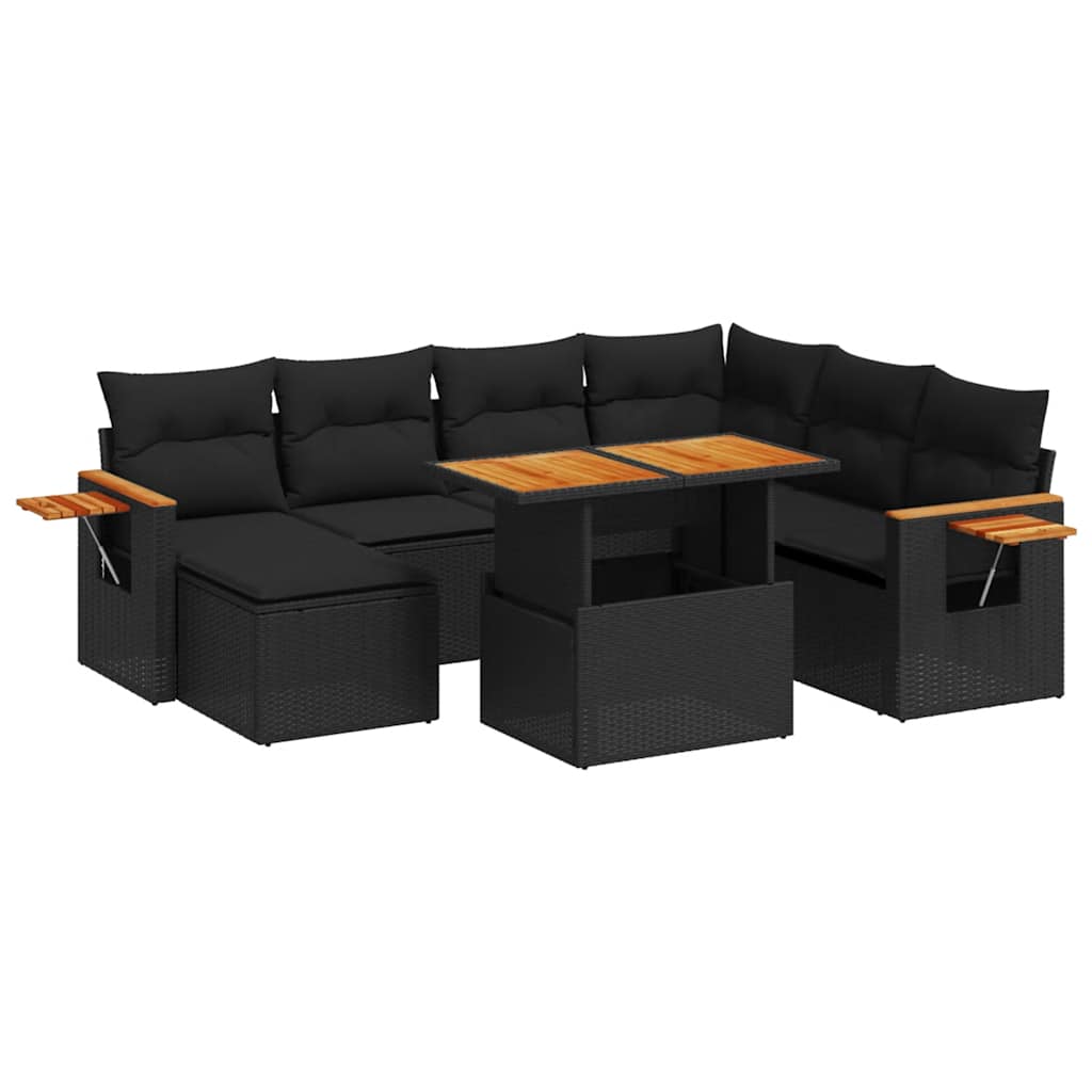 8 részes fekete polyrattan kerti ülőgarnitúra párnákkal