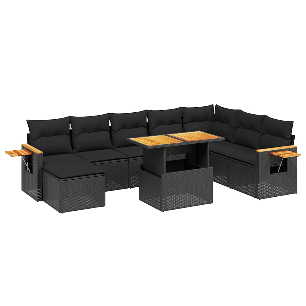 9 részes fekete polyrattan kerti ülőgarnitúra párnákkal
