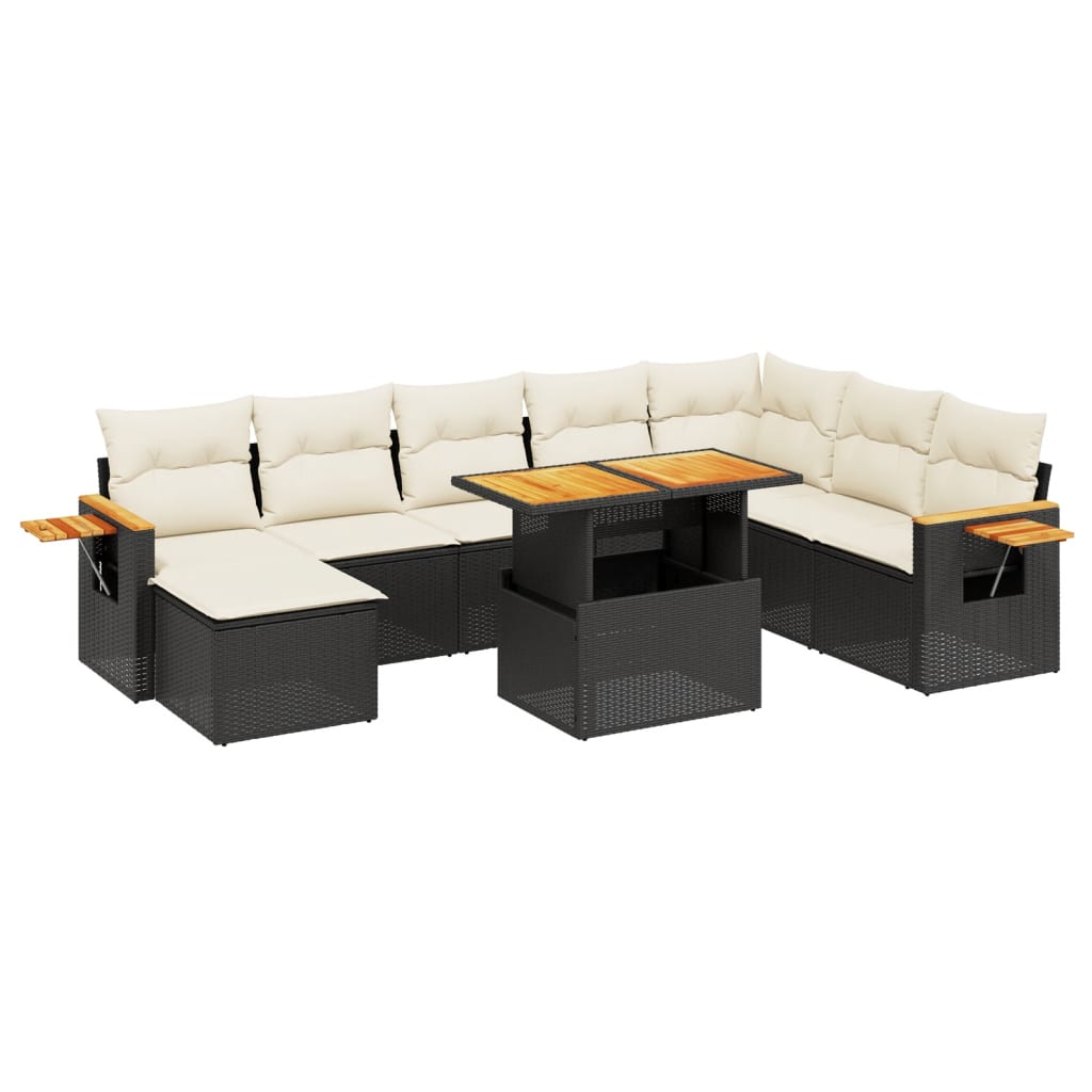 9 részes fekete polyrattan kerti ülőgarnitúra párnákkal