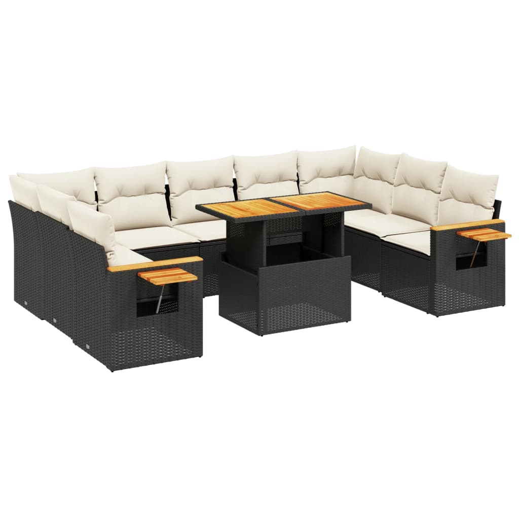 10 részes fekete polyrattan kerti ülőgarnitúra párnákkal