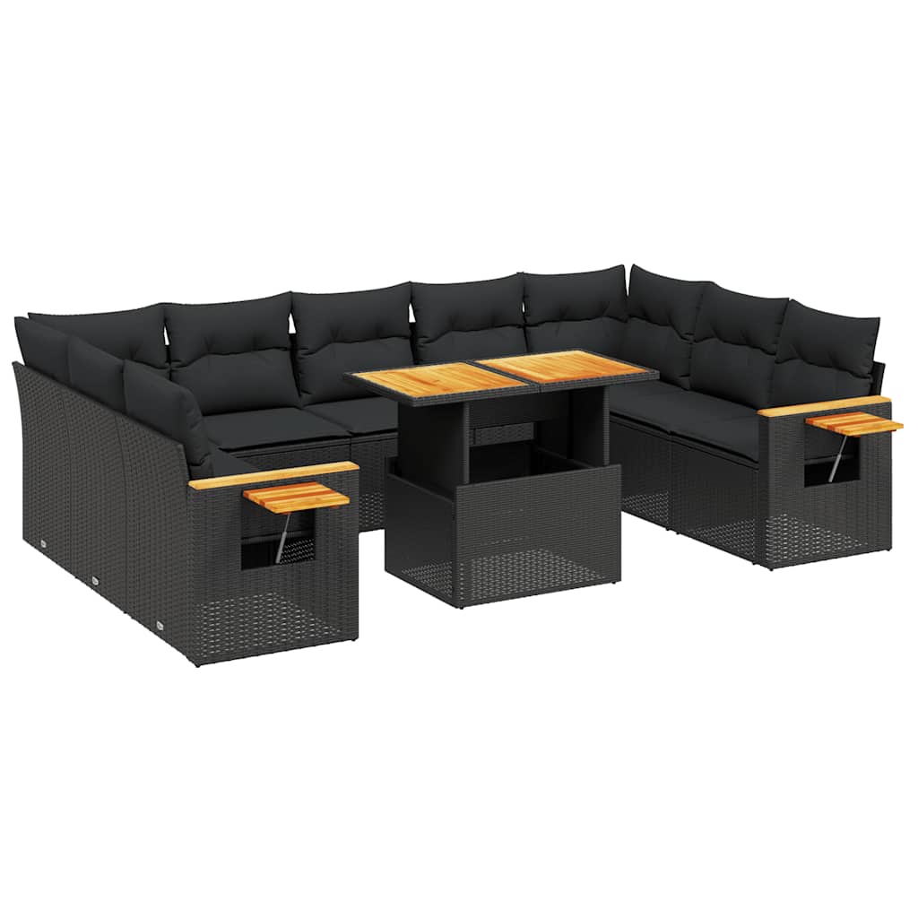 11 részes fekete polyrattan kerti ülőgarnitúra párnákkal
