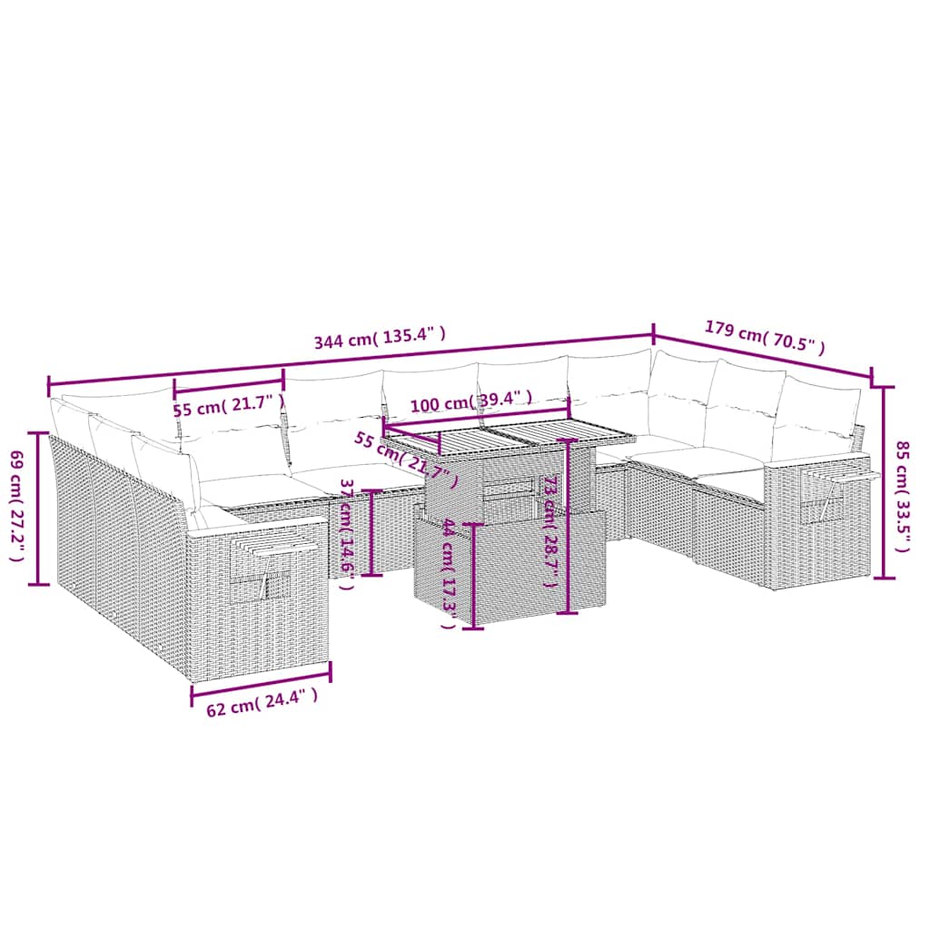 11 részes fekete polyrattan kerti ülőgarnitúra párnákkal