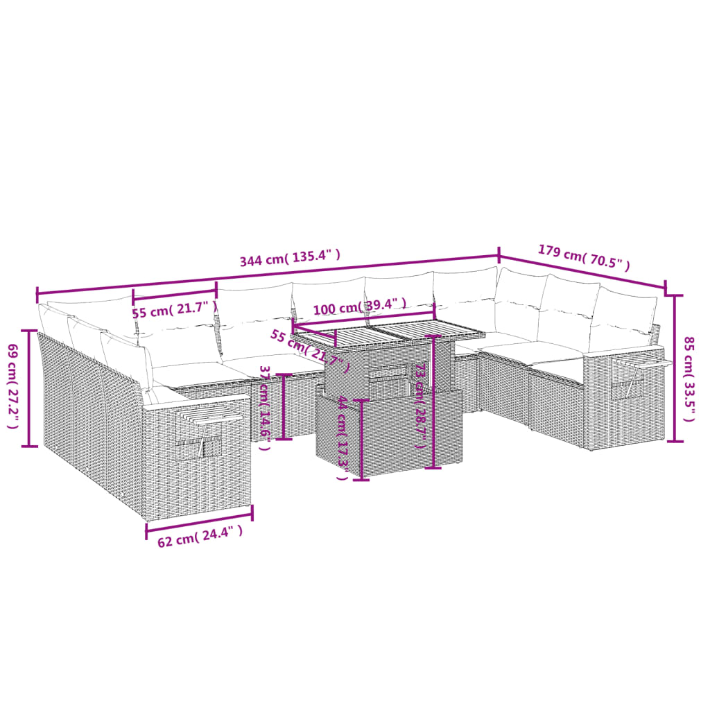 11 részes szürke polyrattan kerti ülőgarnitúra párnákkal