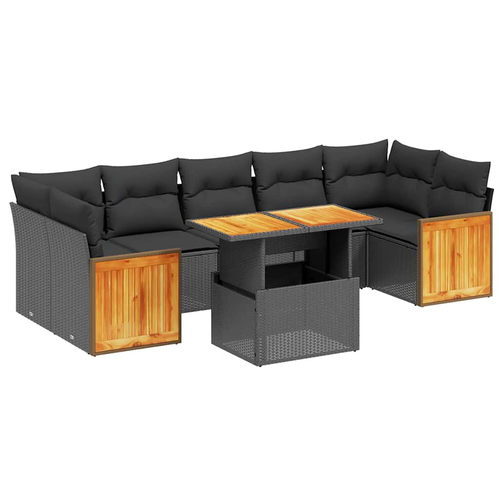 8 részes fekete polyrattan kerti ülőgarnitúra párnákkal