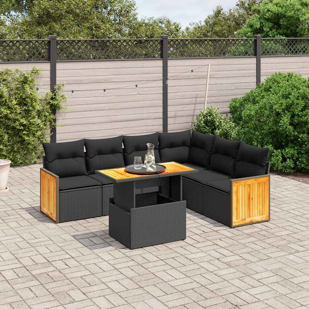 7 részes fekete polyrattan kerti ülőgarnitúra párnával