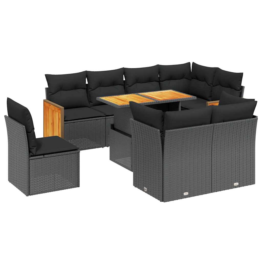 9 részes fekete polyrattan kerti ülőgarnitúra párnákkal
