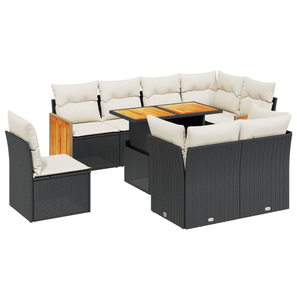 9 részes fekete polyrattan kerti ülőgarnitúra párnákkal