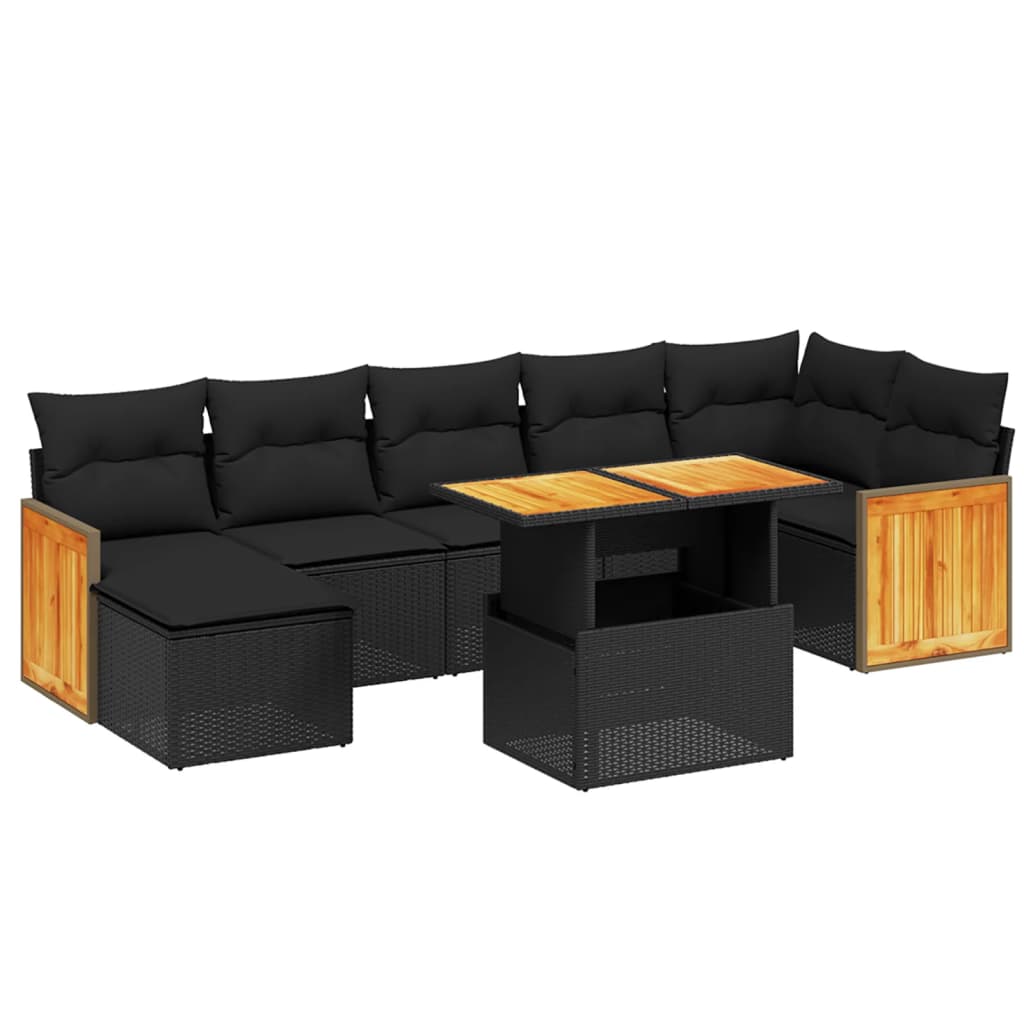 8 részes fekete polyrattan kerti ülőgarnitúra párnákkal