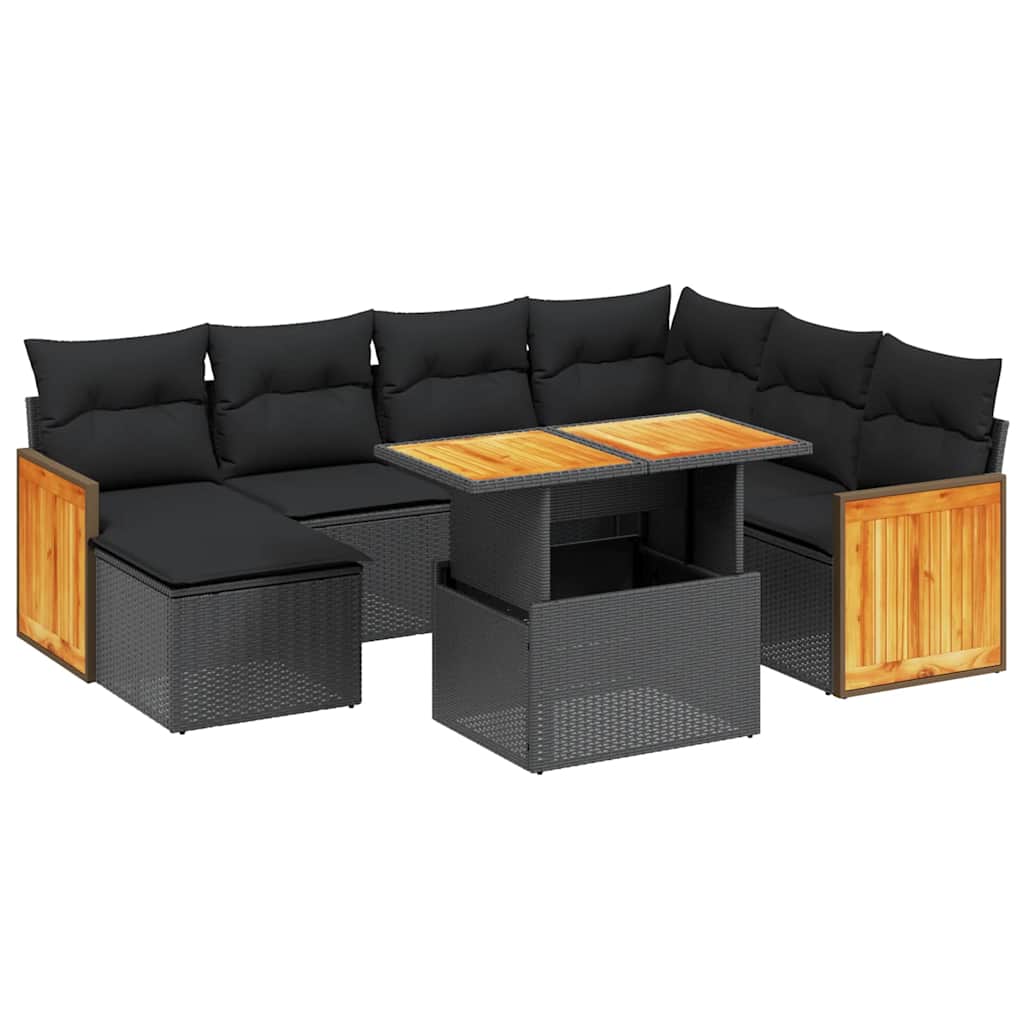 8 részes fekete polyrattan kerti ülőgarnitúra párnákkal