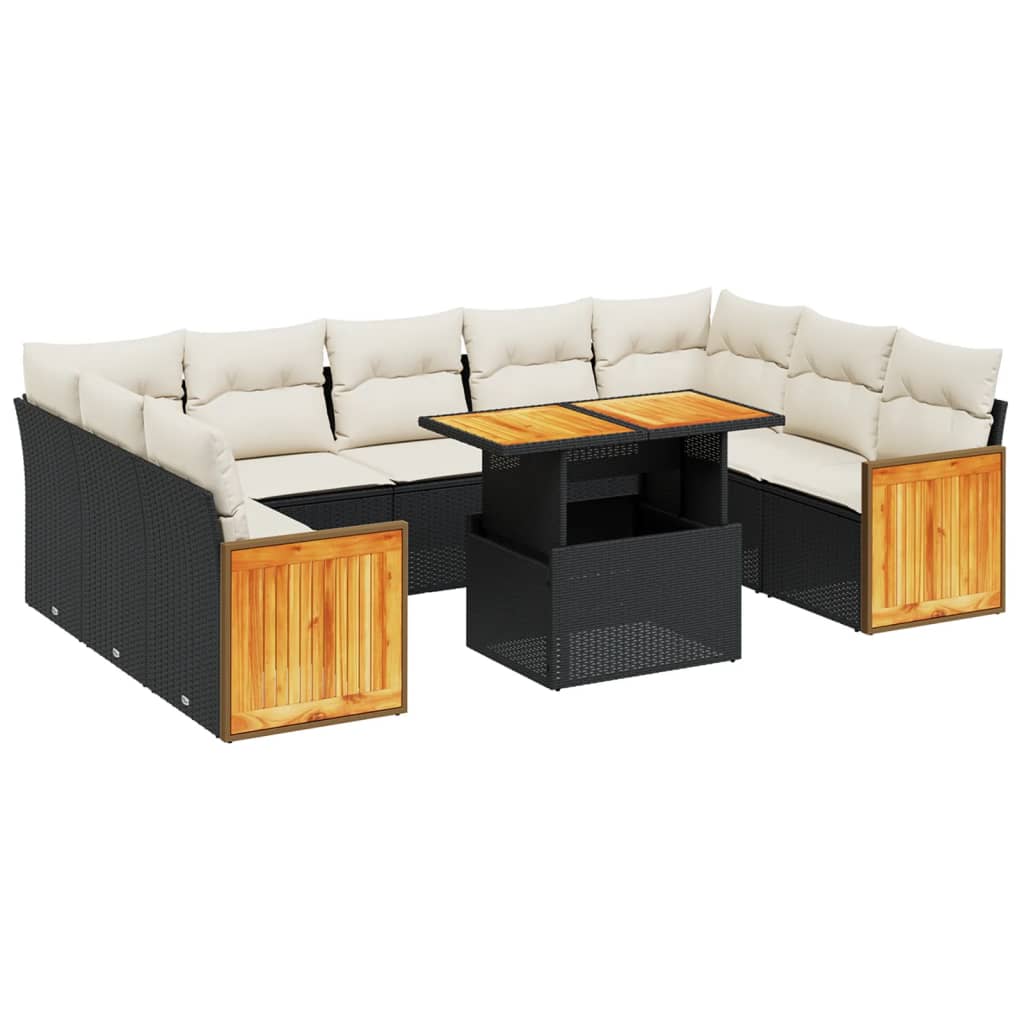 10 részes fekete polyrattan kerti ülőgarnitúra párnákkal