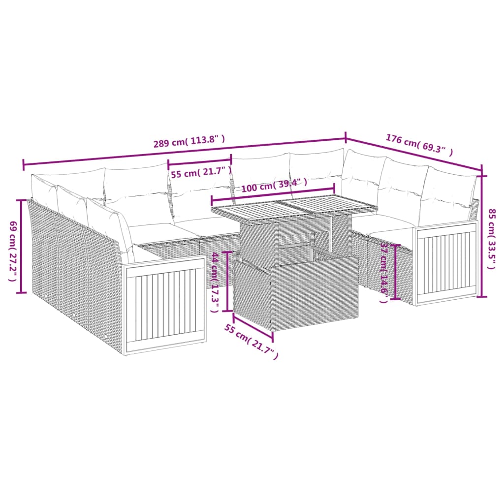 10 részes szürke polyrattan kerti ülőgarnitúra párnákkal