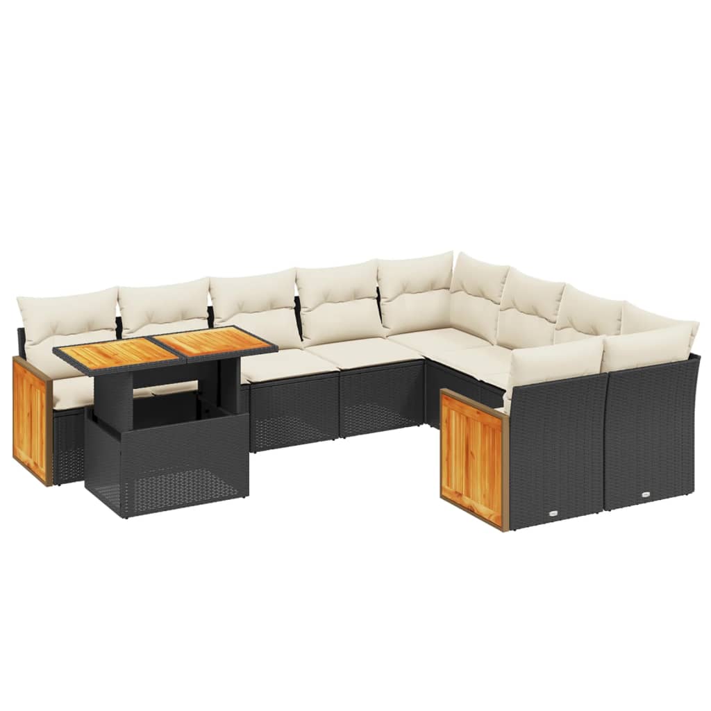 10 részes fekete polyrattan kerti ülőgarnitúra párnákkal