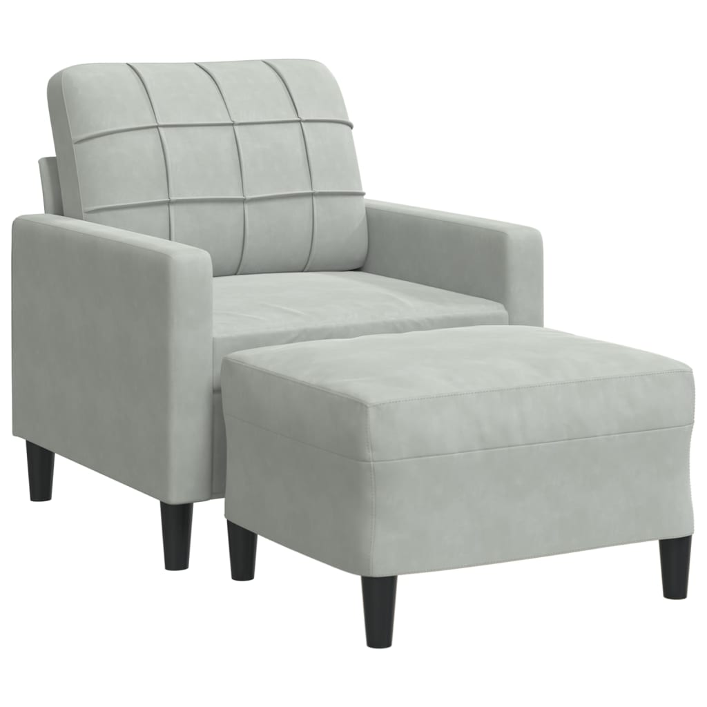 világosszürke bársony kanapéfotel lábtartóval 60 cm