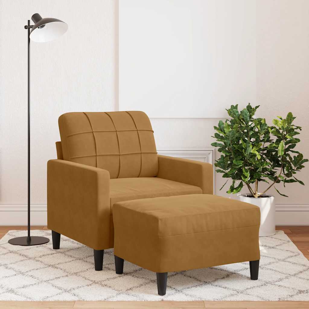 barna bársony kanapéfotel lábtartóval 60 cm