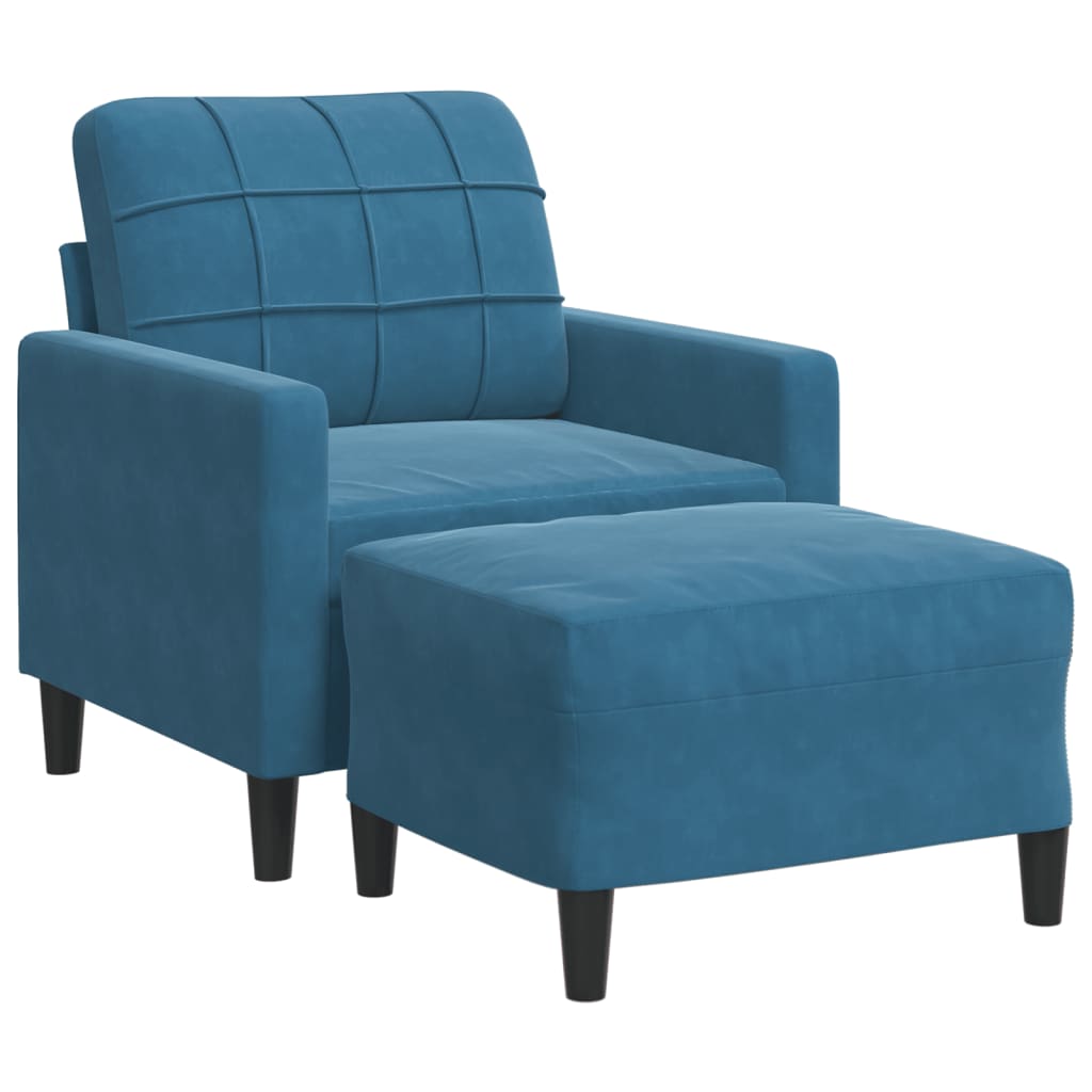kék bársony kanapéfotel lábtartóval 60 cm