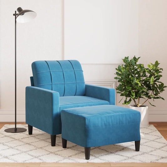 kék bársony kanapéfotel lábtartóval 60 cm