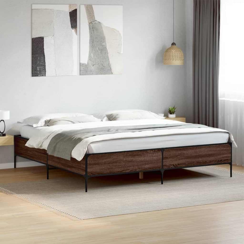 barna tölgyszínű szerelt fa és fém ágykeret 200 x 200 cm
