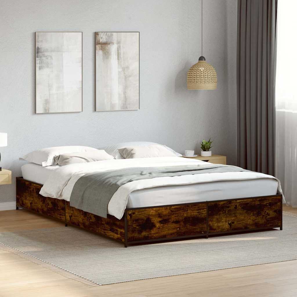 füstös tölgy színű szerelt fa és fém ágykeret 135 x 190 cm