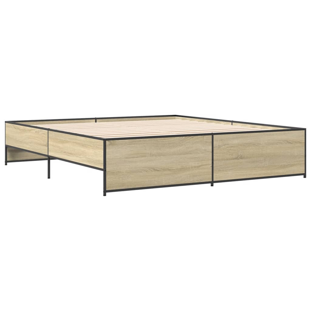 sonoma tölgyszínű szerelt fa és fém ágykeret 200 x 200 cm