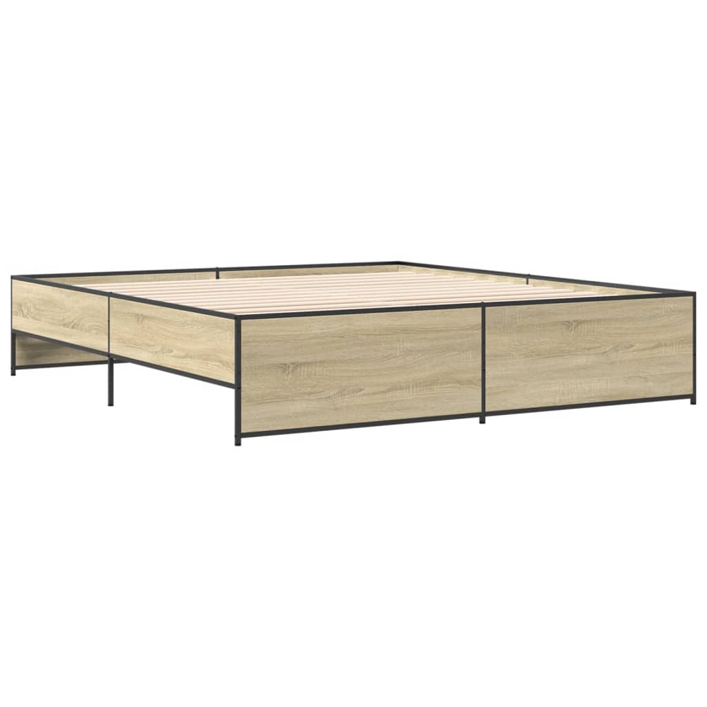 sonoma tölgyszínű szerelt fa és fém ágykeret 200 x 200 cm