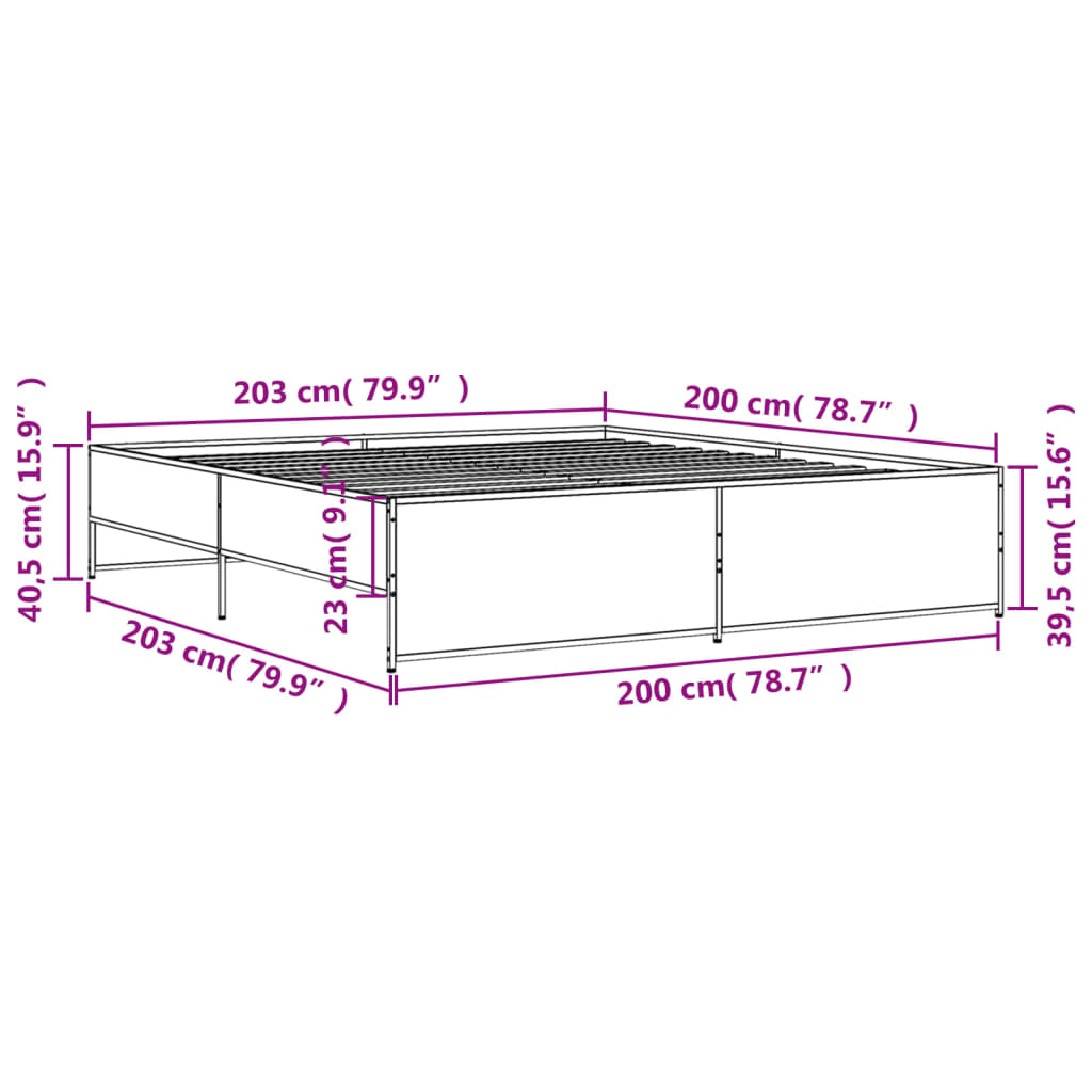 barna tölgyszínű szerelt fa és fém ágykeret 200 x 200 cm