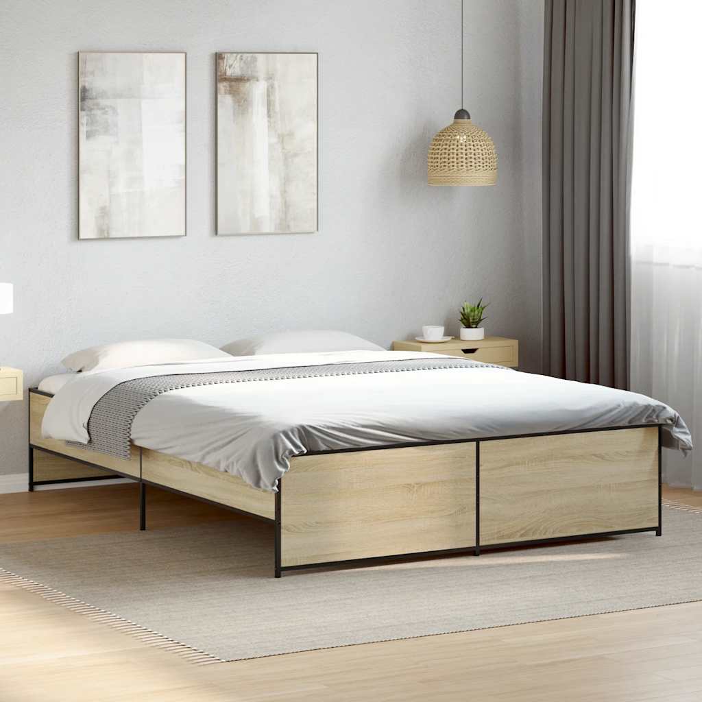 sonoma tölgyszínű szerelt fa és fém ágykeret 150 x 200 cm