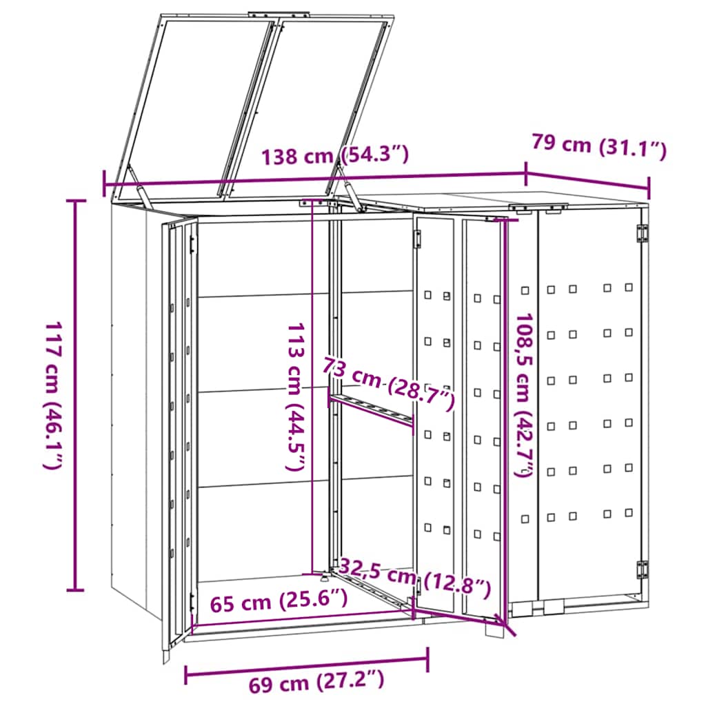 antracit acél kerekes tároló 2 szemeteskukához 138x79x117 cm