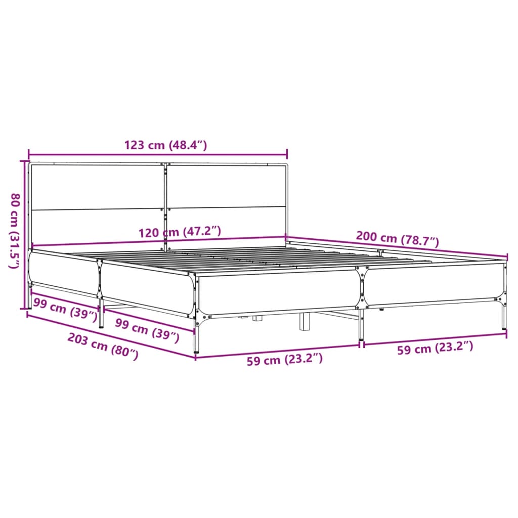 füstös tölgy színű szerelt fa és fém ágykeret 120 x 200 cm