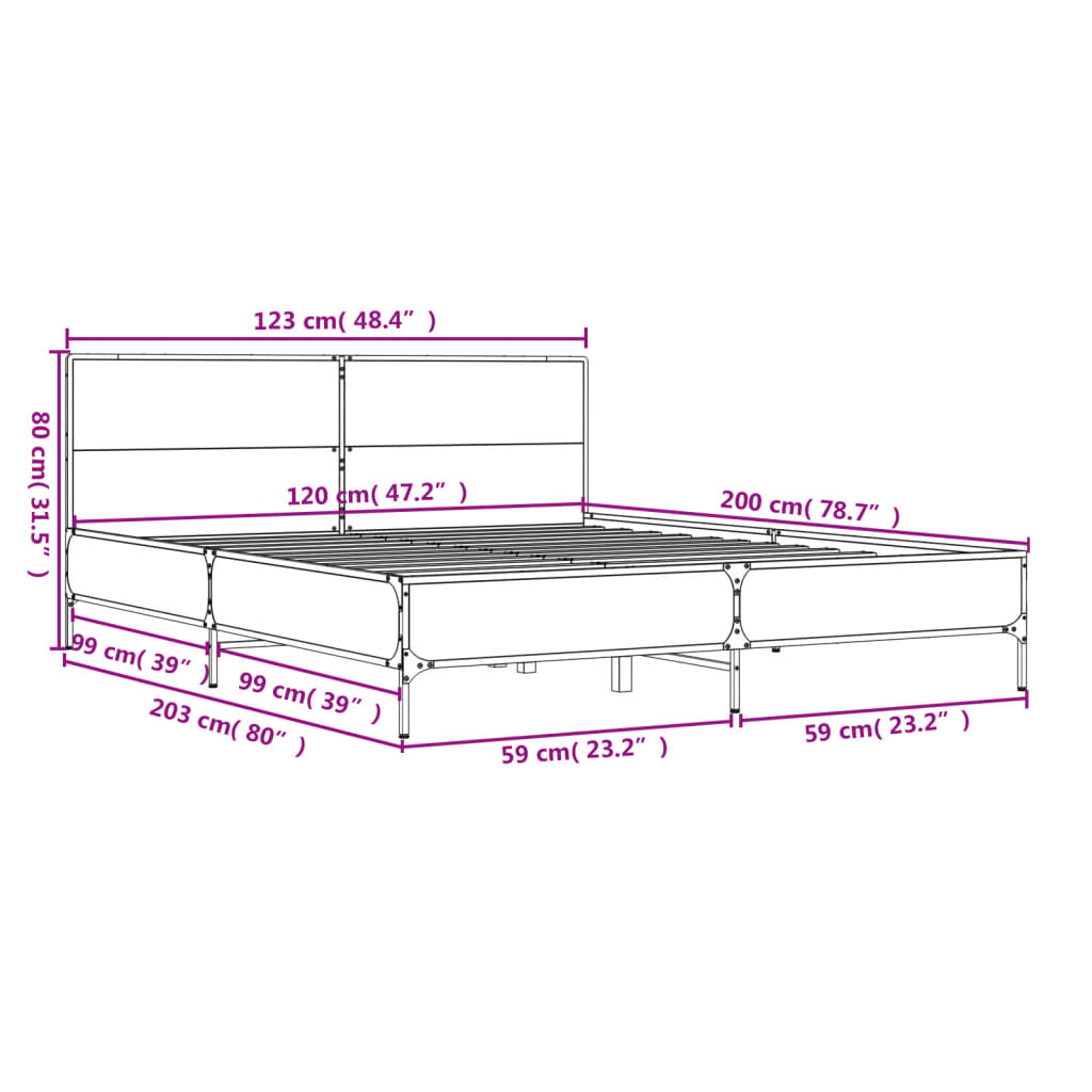 barna tölgyszínű szerelt fa és fém ágykeret 120 x 200 cm