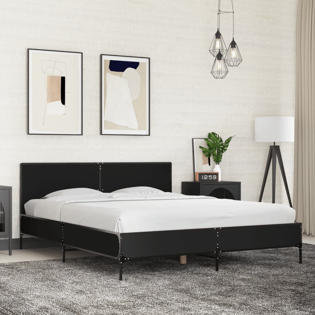fekete szerelt fa és fém ágykeret 150 x 200 cm