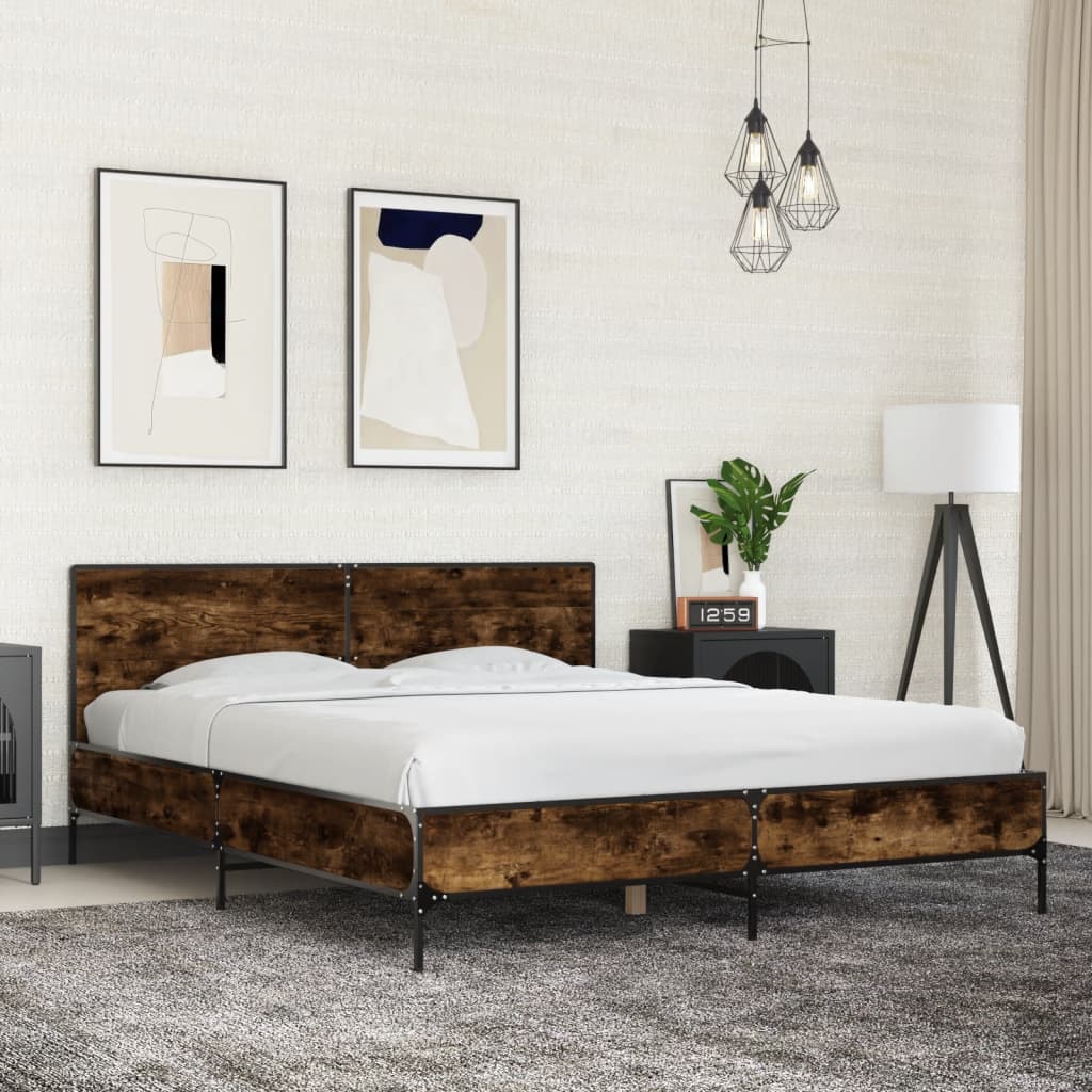 füstös tölgy színű szerelt fa és fém ágykeret 150 x 200 cm
