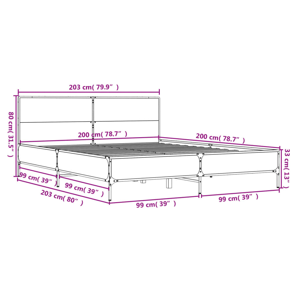 szürke sonoma szerelt fa és fém ágykeret 200 x 200 cm
