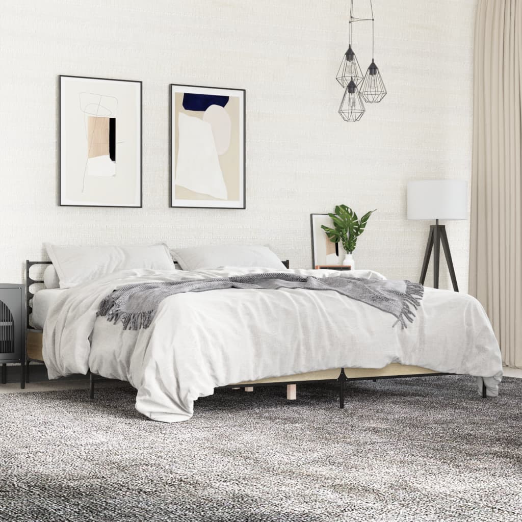 sonoma tölgyszínű szerelt fa és fém ágykeret 200 x 200 cm