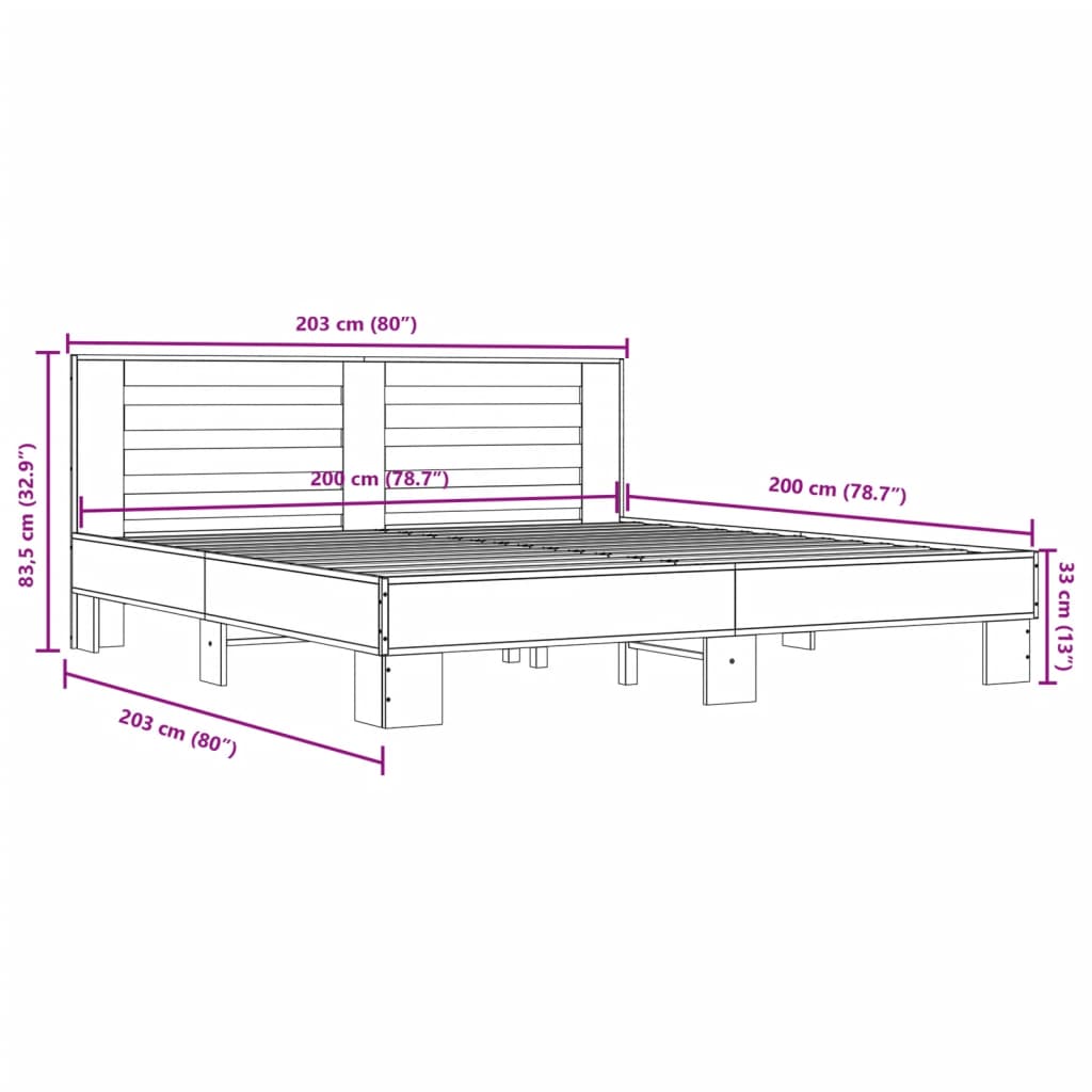 sonoma tölgyszínű szerelt fa és fém ágykeret 200 x 200 cm