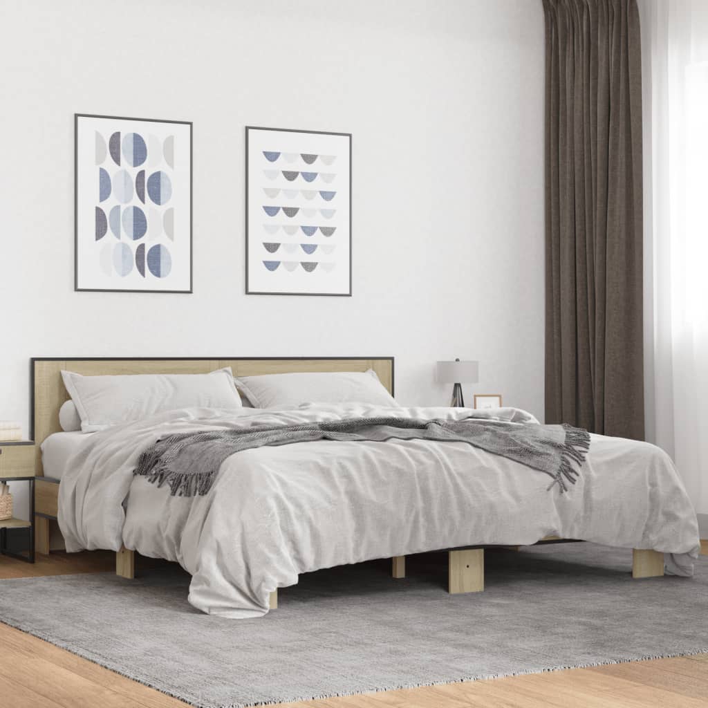 sonoma tölgyszínű szerelt fa és fém ágykeret 200 x 200 cm