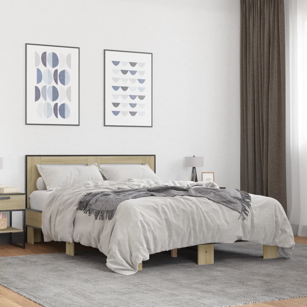 sonoma tölgyszínű szerelt fa és fém ágykeret 120 x 200 cm