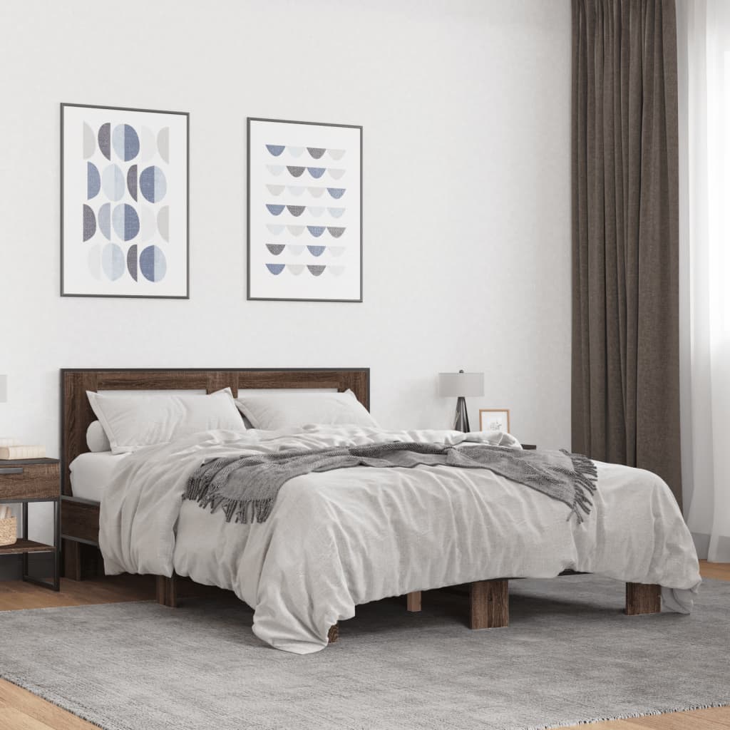 barna tölgyszínű szerelt fa és fém ágykeret 120 x 200 cm