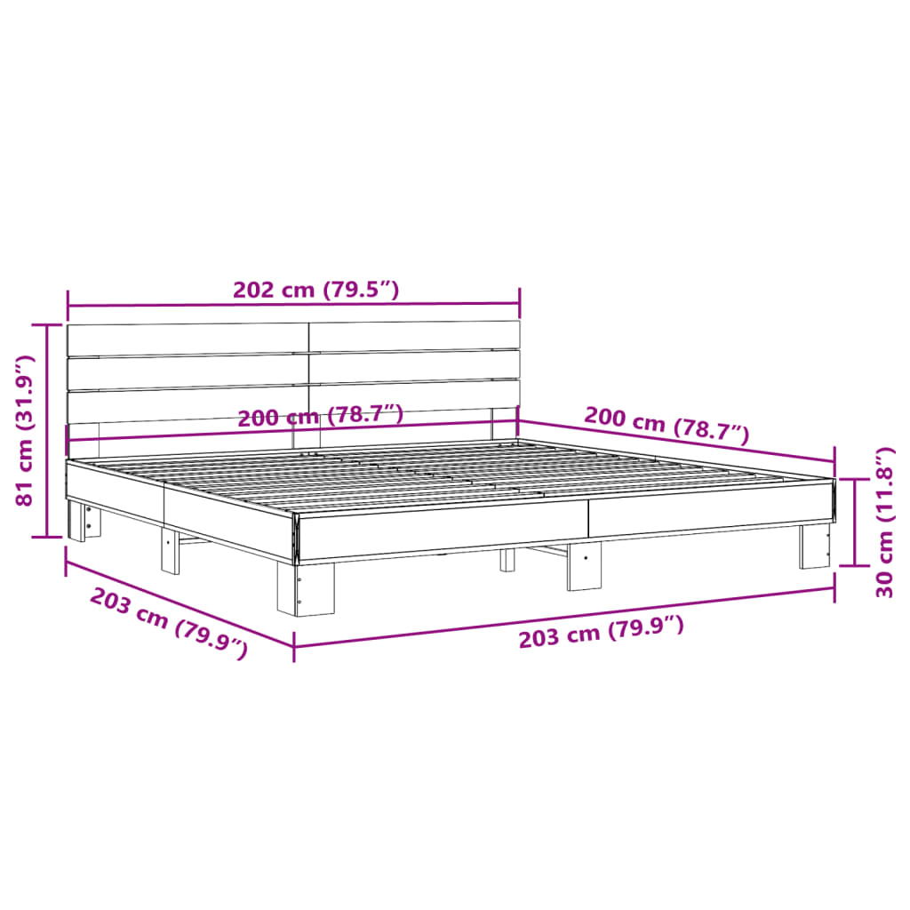 sonoma tölgyszínű szerelt fa és fém ágykeret 200 x 200 cm
