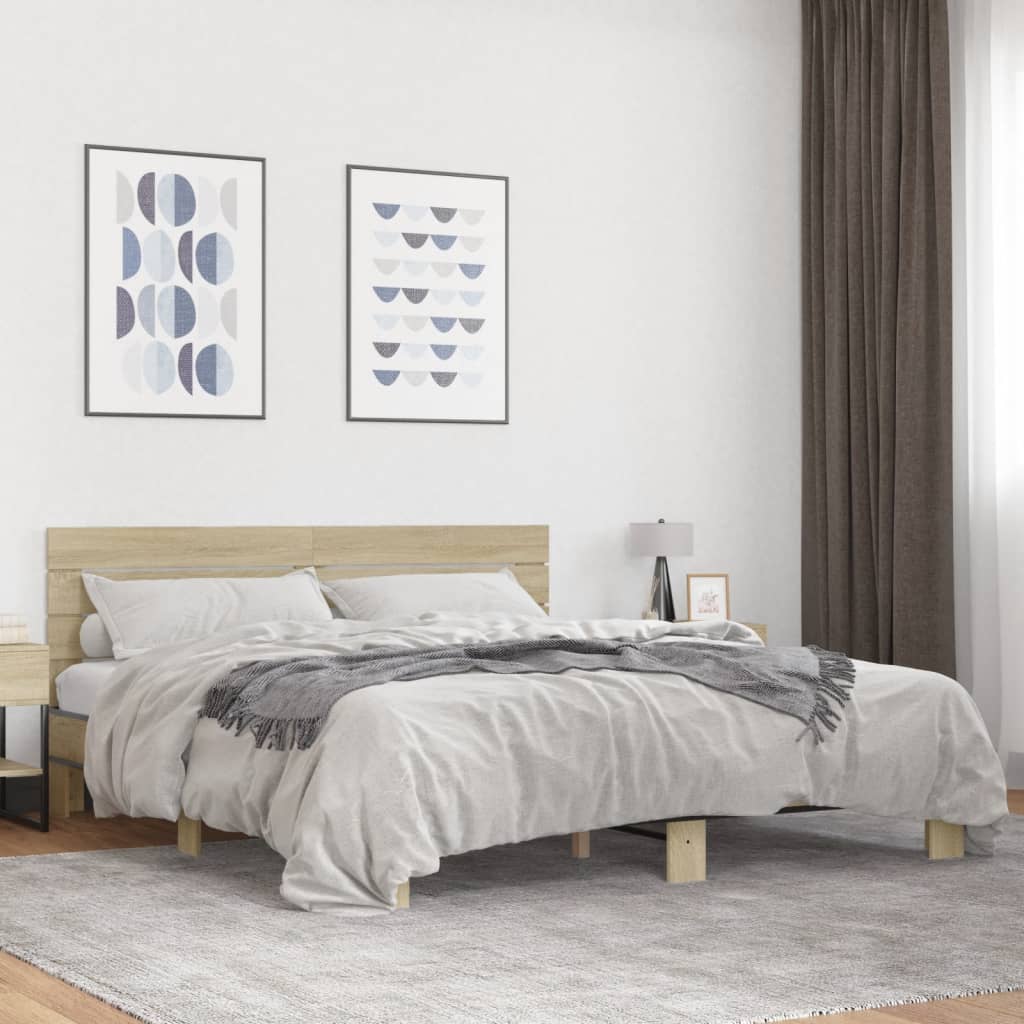 sonoma tölgyszínű szerelt fa és fém ágykeret 200 x 200 cm