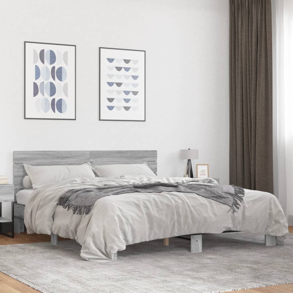 szürke sonoma szerelt fa és fém ágykeret 200 x 200 cm