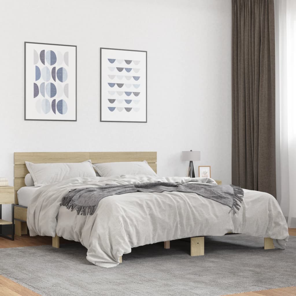 sonoma tölgyszínű szerelt fa és fém ágykeret 150 x 200 cm