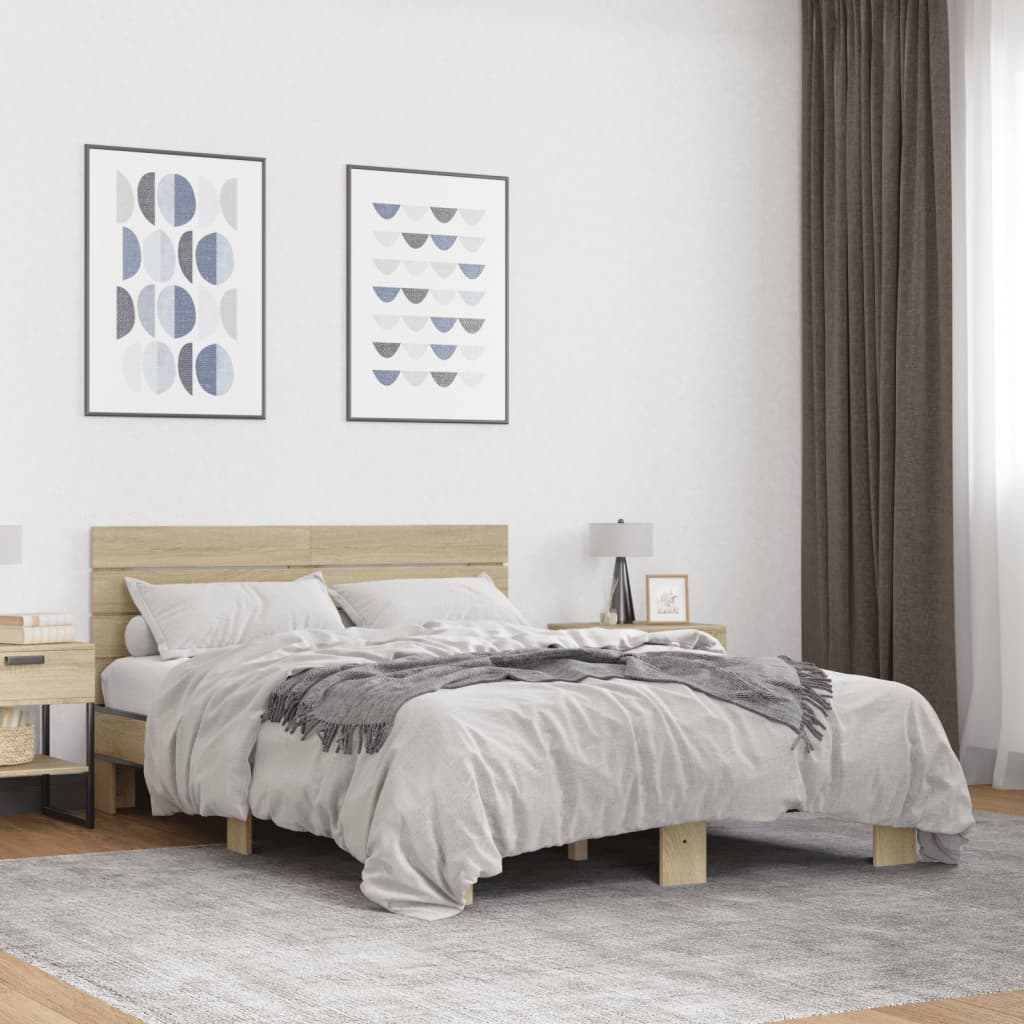 sonoma tölgyszínű szerelt fa és fém ágykeret 140 x 200 cm