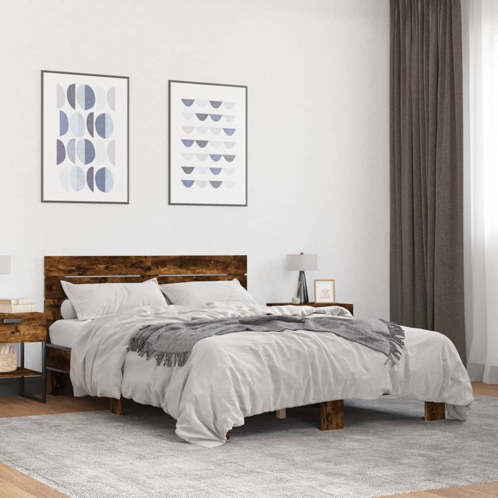 füstös tölgy színű szerelt fa és fém ágykeret 140 x 200 cm